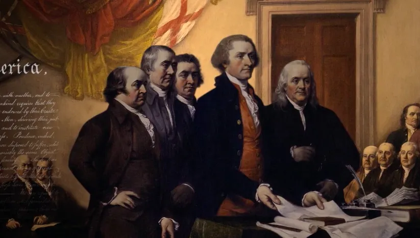 Group of American founding fathers, including Thomas Jefferson and Benjamin Franklin, presenting the Declaration of Independence.