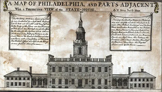 The first illustration of Philadelphia's State House, later called Independence Hall.