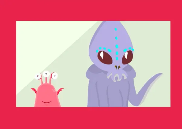 Cartoon-like illustration of two creatures from outer space: one is pink with three eyes and the other one is purple and looks similar to a squid.
